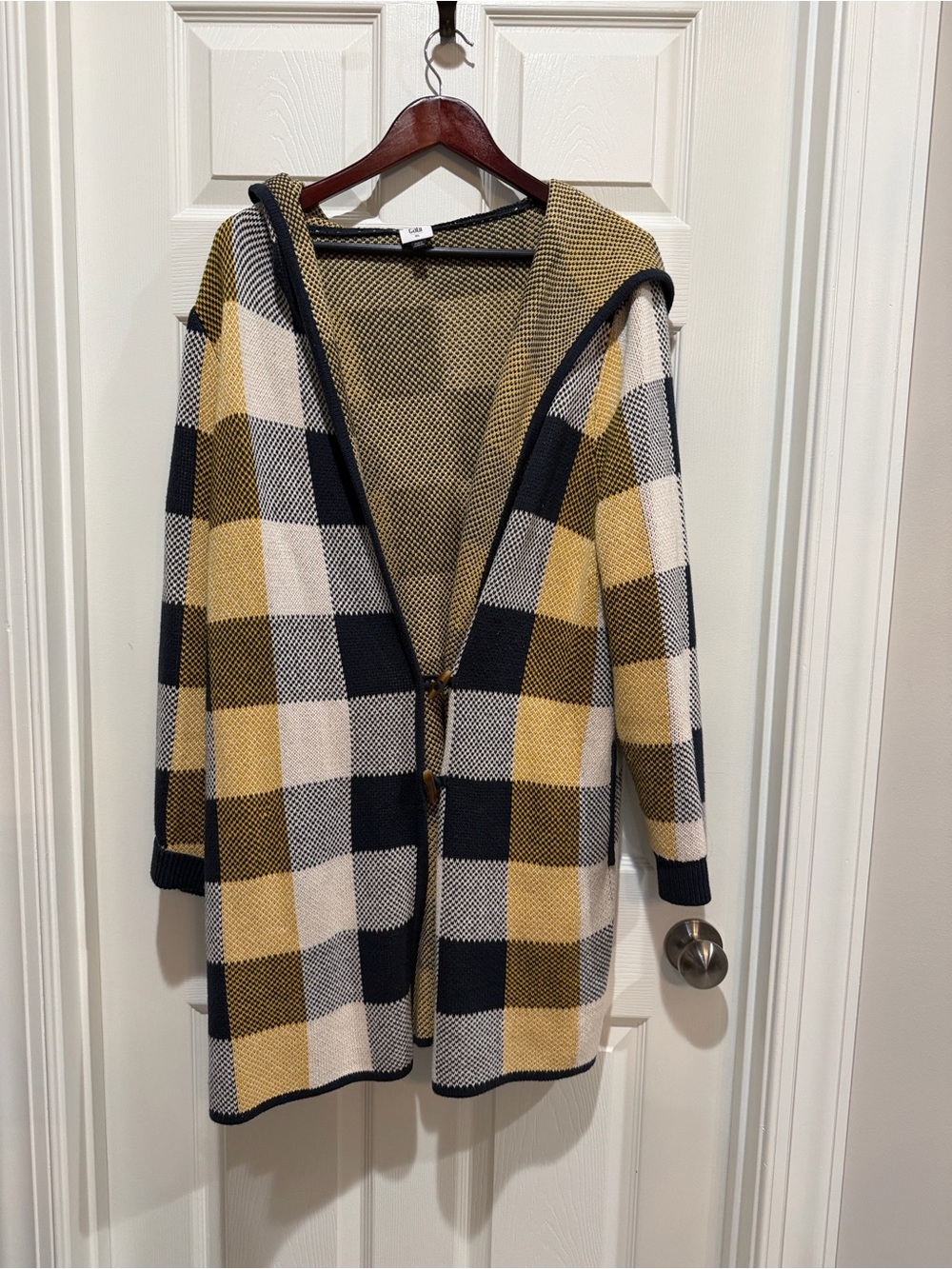 CAbi Yellow Black Cream Buffalo Check Hooded Sweater Coat